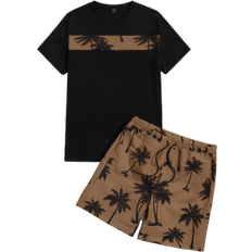 Shein Herr Tropiska Tryck Frgblock Stickad Tshirts Och Dragsko Midjan Shorts Set