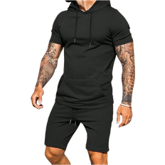 Hood T-shirts Shein Mens Solid Color Drawstring Hooded TShirt And Shorts Set