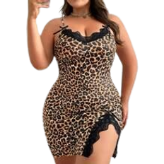 3XL Nattlinnen Shein Plus Leopard Print Lace Splice Sleep Dress Pyjamas Klnning med slits och bowknot sommar