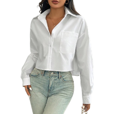 Shein Damen Frühling/sommer Einfarbig Lockere Passform Drop-Shoulder Langarm Kurz Geschnittenes Freizeithemd Mit Tasche