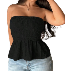 Shein Womens Pleated Strapless Top With Umbrella Hem Textured Fabric And Ruffle Trim Elegant