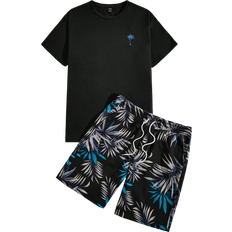 Multicoloured Jumpsuits & Overalls Shein Mens Knitted Coconut Tree Pattern Print Short Sleeve Round Neck TShirt And Drawstring Waist Shorts Set For Casual Wear