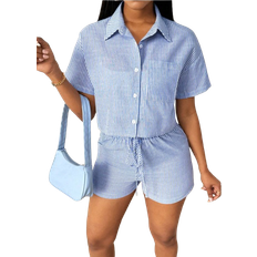 Shein Damen Sommer gestreiftes Kurzarm Freizeithemd und Shorts Set mit Taschen