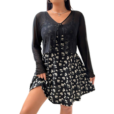 Shein Sommerkleid für Damen in Große Größen mit floralem Muster und durchsichtiger Strickjacke, Set aus Teilen