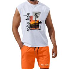 Men - White Jumpsuits & Overalls Shein Mens Round Neck Letter Printed Tank Top And Drawstring Pocket Shorts Summer Casual Outfit
