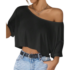 Shein Black Knit Loose OffShoulder Top With Wide Collar For Women