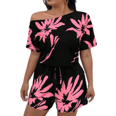 Shein Plus Womens Floral Printed Asymmetrical Collar Short Sleeve Romper With Pockets For Summer