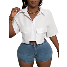 Cropped Skjortor Shein Casual Streetwear Polo Collar Pocket Cropped Top - Vitt