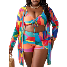 Shein pcsSet Plus Contrast Color Front Tied Bralette Bikini Bottom And Long Sleeve Cover Up Swimwear Set Perfect For Summer Beach
