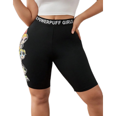Shein Trendige Street Style Strick-Shorts in Große Größen mit Cartoon Muster und hohem Bund mit Buchstaben, Schwarz