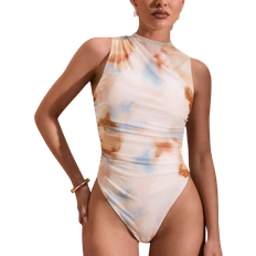 Batik Underkläder Shein Women's Summer Tie-Dye Print Pleated Asymmetrical Bodysuit Sleeveless And Tight-Fitting