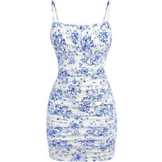 Shein Teen Girls Blue White Flower Printed DoubleLayered Mesh Knit HighElastic Bodycon Mini Dress With Ruffle Hem