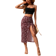 Slit - Women Jumpsuits & Overalls Shein Womens Solid Color Simple Camisole Top And Drawstring Pleated Slit Skirt Vacation Outfit Set