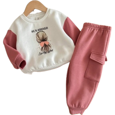Shein pcs Baby Girls Cute Cartoon Contrast Color Hoodie And Elastic Waist Pocket Pants Set AutumnWinter