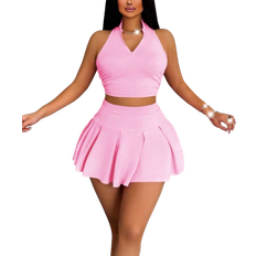 High Collar Jumpsuits & Overalls Shein Solid Color Zipper Half Front Fashionable Tank Top And Solid Color Pleated Skort Set Academic Sexy And Playful Style