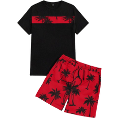 Men - Multicoloured Jumpsuits & Overalls Shein Manfinity Men Tropical Print Tee & Drawstring Waist Shorts