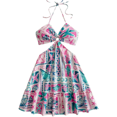 Shein Womens Vacation Style Pastel Green Ocean Element Printed Waist Hollow Round Ring Decor BowTie Halter Back To School Cute Casual Summer Dress