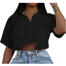 Shein Polo Shirts Shein Casual White Polo Collar Short Crop Top With Pocket Womens Shirt With Work Pockets
