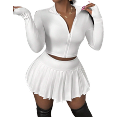 Shein Casual Street Style White Short Sleeve Zipper VNeck Top Pleated Tennis Skirt Set Womens pcs Set
