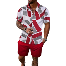 Men - Multicoloured Jumpsuits & Overalls Shein Mens Summer Casual Geometric Print Short Sleeve Shirt Solid Color Shorts pcsSet