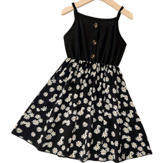 Shein Girls Clean Color Patchwork Chrysanthemum Printed Button Decoration Casual Dress For Summer