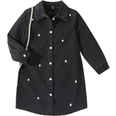 Shein Girls Casual Comfortable Loose Denim Shirt Dress With Daisy Embroidery