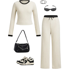 Shein Casual Contrast Color Round Neck Top And Pants Set - Multi