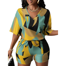 Shein pcsSet Womens Vacation Outfit Loose Abstract Geometric Printed Blouse And Shorts Beach Wear