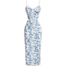 Shein Womens Retro Palace Blue White Floral Printed Fish Bone Strips Crop Top And Skirt Wedding Two Piece Set