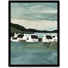 Green Framed Art ARTERY8 Fisherman Cottages Scotland Seaside Watercolour Print - Green - A4 Framed Art