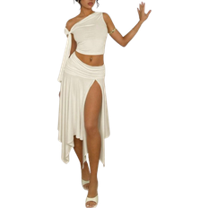 Beige - Elastane/Lycra/Spandex Jumpsuits & Overalls Shein Ladies Solid Color Graduation Season White Dress Asymmetric ObliqueShoulder Top With Tied Straps Irregular Hem High Side Slit Ruched Skirt