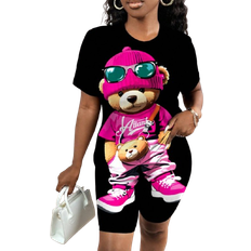 Shein Stücke/Set Damen lässiges, süßes Outfit mit Cartoon Bären Muster Kurzarm T-Shirt und Shorts für den Sommer