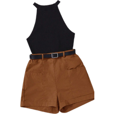 Bomull Jumpsuits & Overaller Shein Women Two Piece Set Solid Color Halter Top And Shorts, Suitable For Summer
