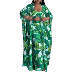 Short Sleeves Jumpsuits & Overalls Shein Plus Ladies Loose Fit Beach Vacation ThreePiece Set With Tropical Plant Print