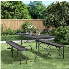 Living and Home 3-Piece Rattan Plastic Outdoor Camping Folding Table Bench - Black Patio Dining Set