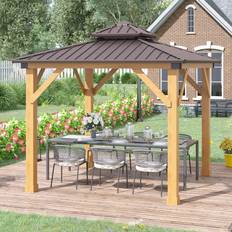 OutSunny 3x Double-Tier Hardtop Gazebo Outdoor Patio Shelter with Wood Frame - Brown