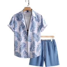 Shein Herrenshorts mit Hawaiipflanzen bedrucktem Hemd mit Knopfleiste vorne und einfarbigen Shorts mit Taschen, sommerliche Lässig kleidung