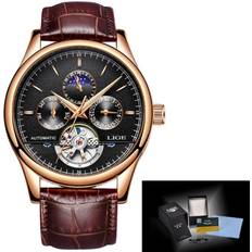 Lige Leather Strap Automatic Men Wrist Watch