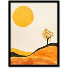 Yellow Framed Art ARTERY8 Lone Tree Orange Vibrant Abstract Boho Landscape Wall A4 Framed Art