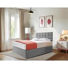 Linen-Look Divan Bed Set 20 Inch Cubic Headboard 10'' Spring Memory Foam Mattress 2 Storage Drawers Grey Double