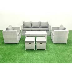 Garden & Outdoor Furniture Fimous Rattan Garden Furniture 7 Seater Garden Sofa Oblong Coffee Set with 2 Stools Light Grey Mixed Outdoor Lounge Set, Table incl. 2 Chairs
