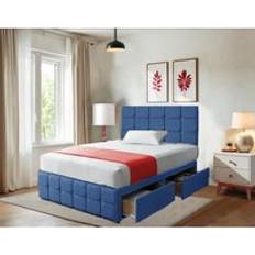 Bed Packages on sale Bedsland Plush Velvet Divan Bed Set 20 Inch Cubic Diamond Button Headboard 10 Hybrid Memory Foam Mattress 2 Storage Drawers - Blue