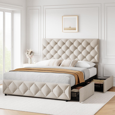 Bed Frame with 4 Storage Drawers and Headboard Beige (Queen)