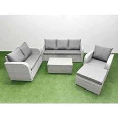 Garden & Outdoor Furniture Fimous Patio PE Wicker 7 Seater Rattan Furniture Sofa Sets with Rectangular Coffee Table Reclining Chair Light Grey Outdoor Lounge Set