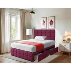 Plush Velvet Divan Bed Set 20 Inch Cubic Diamond Button Headboard 10 Hybrid Memory Foam Mattress 2 Storage Drawers - Maroon - King