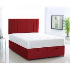 Bedsland Plush Velvet Ottoman Divan Bed Set 26'' Vertical Line Headboard 10'' Hybrid Memory Foam Mattress Spacious Ottoman Storage - Red - Super King