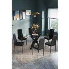 Living and Home of 160cm Table 6 Faux Leather Dining Chairs Dining Set 7pcs