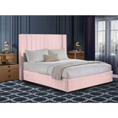 4FT Small Double Beige Plush Velvet Divan Bedset with 48'' Wingback Vertical Line Headboard and 10'' Spring Memory Foam Mattress & 2 Drawers - Pink