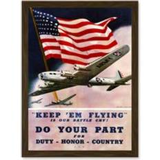 ARTERY8 Vintage Ad Military Air Force Bomber Flag USA WW2 War A4 Artwork Wall Print - Brown - One Size Framed Art