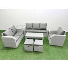 Garden & Outdoor Furniture Fimous Patio PE Wicker 8 Seater Rattan Furniture Sofa Sets with Oblong Coffee Table Reclining Chair Light Grey Outdoor Lounge Set